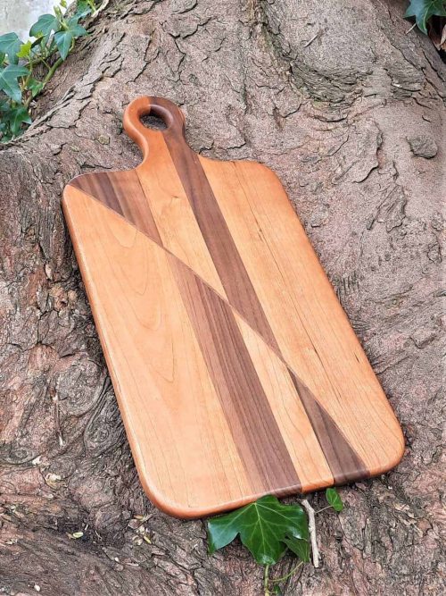 The Cherry Chopping & Serving Boards combine rich tones of Cherry, Walnut & Maple  My Face Grain Chopping & Serving boards are Individually Handmade at my workshop in Malahide, Co. Dublin, each is Unique and will differ from others in the Range.