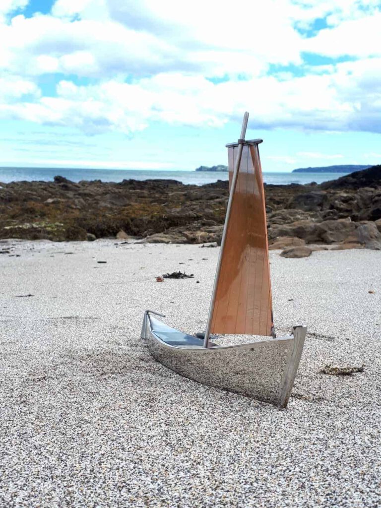 Nolwenn -Stainless Steel & Copper Yacht sculpture inspired by the Traditional Sailing Boats of the Pink Granite Coast in Brittany by Grant Designs.
