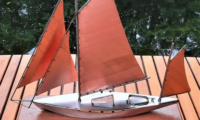Classic Yacht Model based on Classic Gaff Rig, handmade with Stainless Steel Hull & Topsides and Copper Main, Mizzen, Gib & Staysails on a Sapele Base - by Grant Designs.