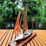 Classic Yacht Model based on Classic Gaff Rig, handmade with Stainless Steel Hull & Topsides and Copper Main, Mizzen, Gib & Staysails on a Sapele Base - by Grant Designs.