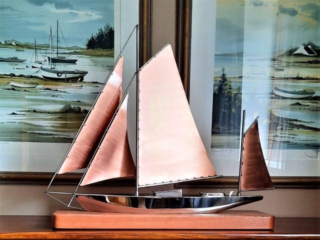 Classic Yacht Sculpture based on Classic Gaff Rig, handmade with Stainless Steel Hull & Topsides and Copper Main, Mizzen, Gib & Staysails on a Sapele Base - by Grant Designs.