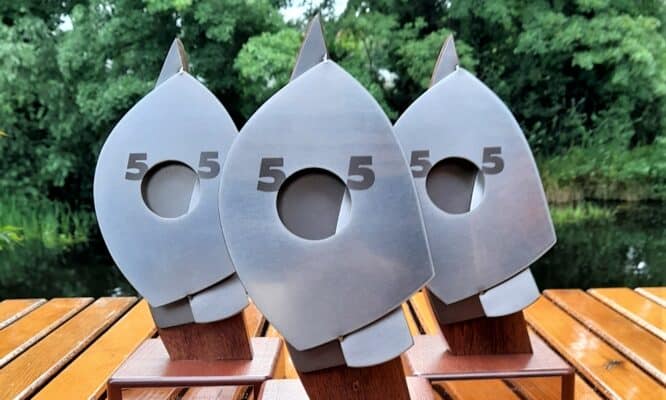 5O5 Championship Trophies commissioned by Royal Cork Yacht Club for 5O5 Worlds in August 2022, individually handmade in Stainless Steel & Mahogany.