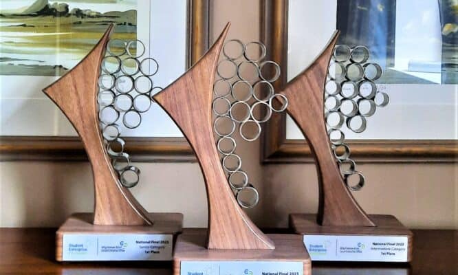 Awards for Winners of the Student Enterprise Programme 2023 in Junior, Intermediate & Senior Category handmade in Stainless Steel & Walnut by Grant Designs