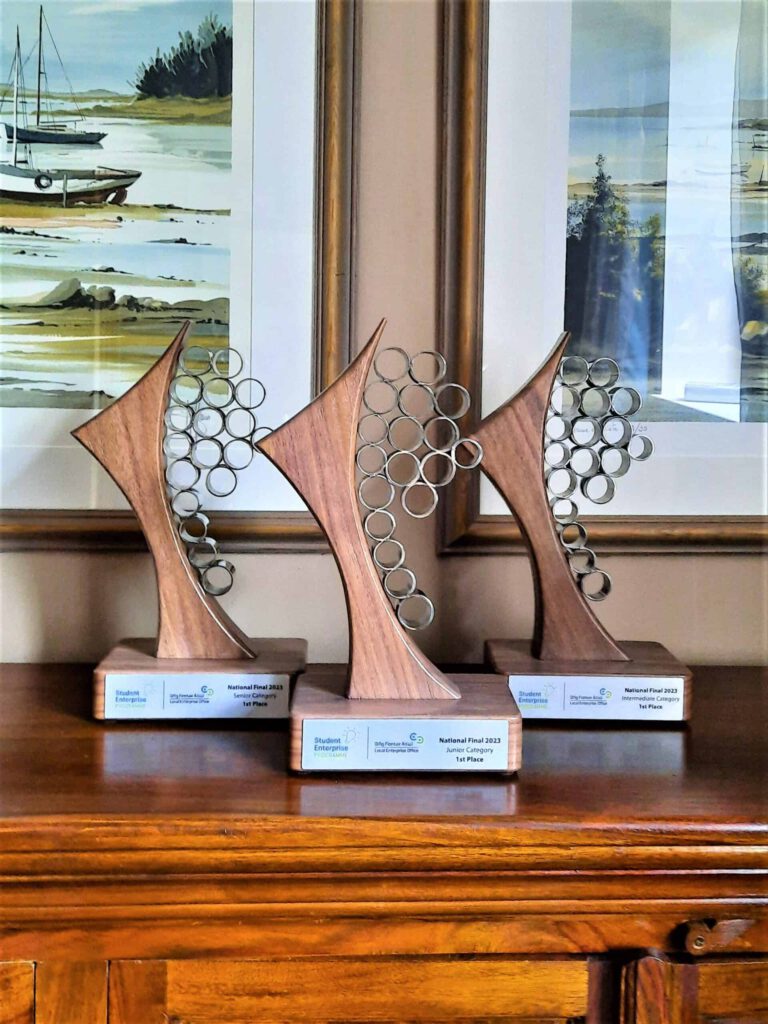Awards for Winners of the Student Enterprise Programme 2023 in Junior, Intermediate & Senior Category handmade in Stainless Steel & Walnut by Grant Designs