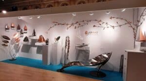 Grant Designs at Art Source Cork City Hall October 2023 exhibiting Nautical and Botanical Sculpture in Stainless Steel and Copper.