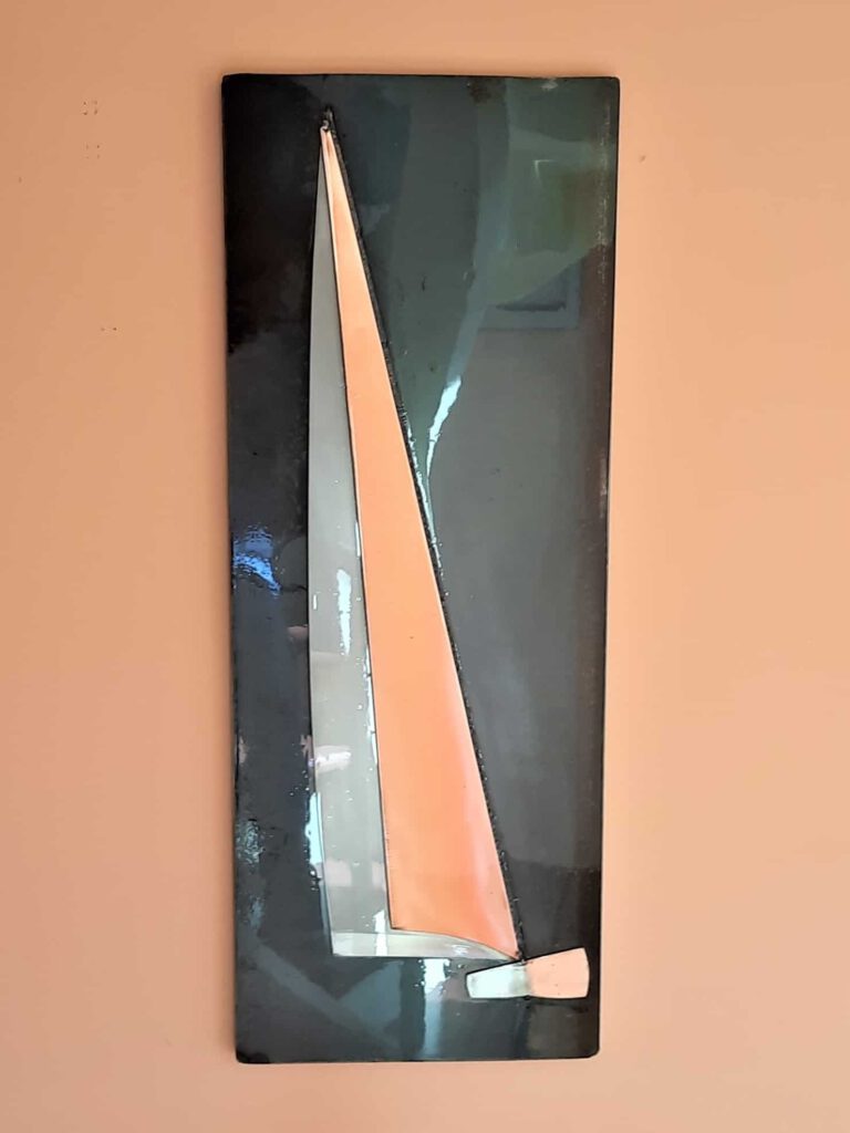 Biscay is a one off Yacht Sculpture, Handmade in Copper & Stainless Steel on a Mild Steel background.