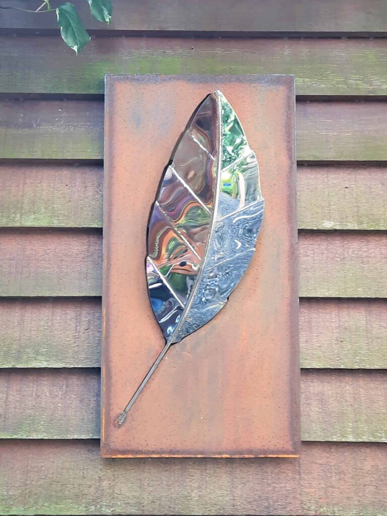 'Rustic Leaf' Stainless Steel Garden Sculpture, designed to be wall mounted set within a contrasting mild steel frame by Grant Designs.