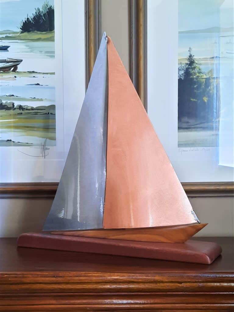 'Wavecrest Fusion' Copper and Stainless Steel Yacht Sculpture, sailing on a port tack with a walnut hull by Grant Designs.